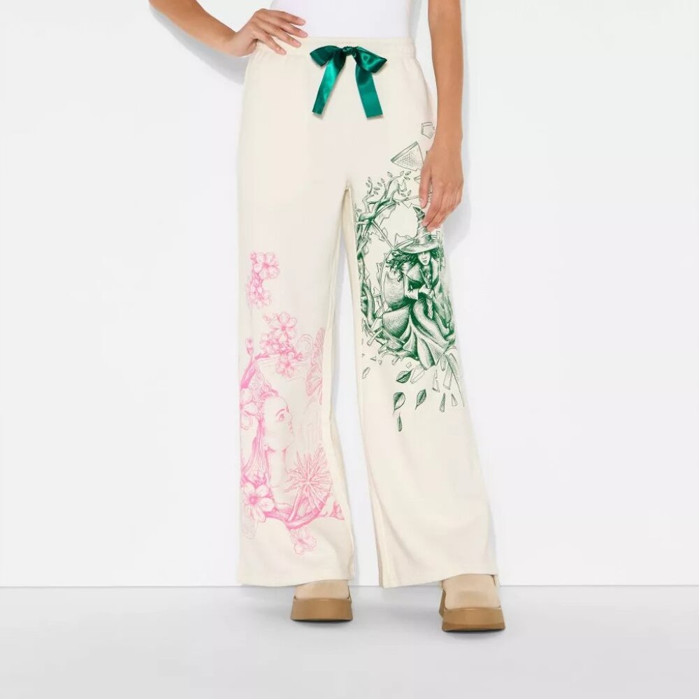 Chic Cream Wide Leg Pants with Green and Pink Artistic Patterns